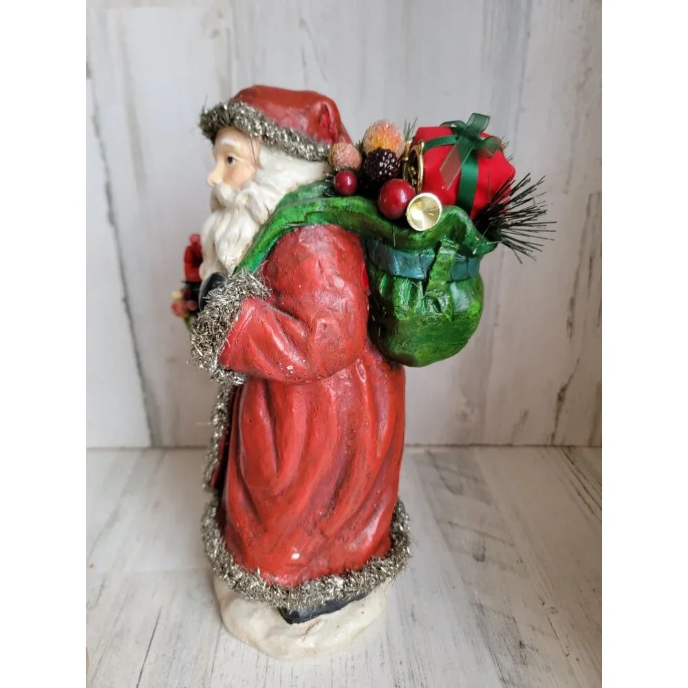 Vintage‎ santa claus tinsel robe basket xmas decor Woodland sack toy